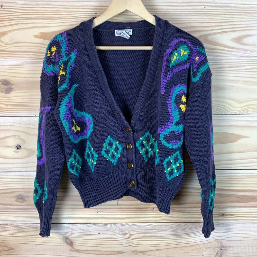 Vtg 90s Gallagher Cardigan Sweater Small Crop Ramie Paisley Chunky Boho Academia
